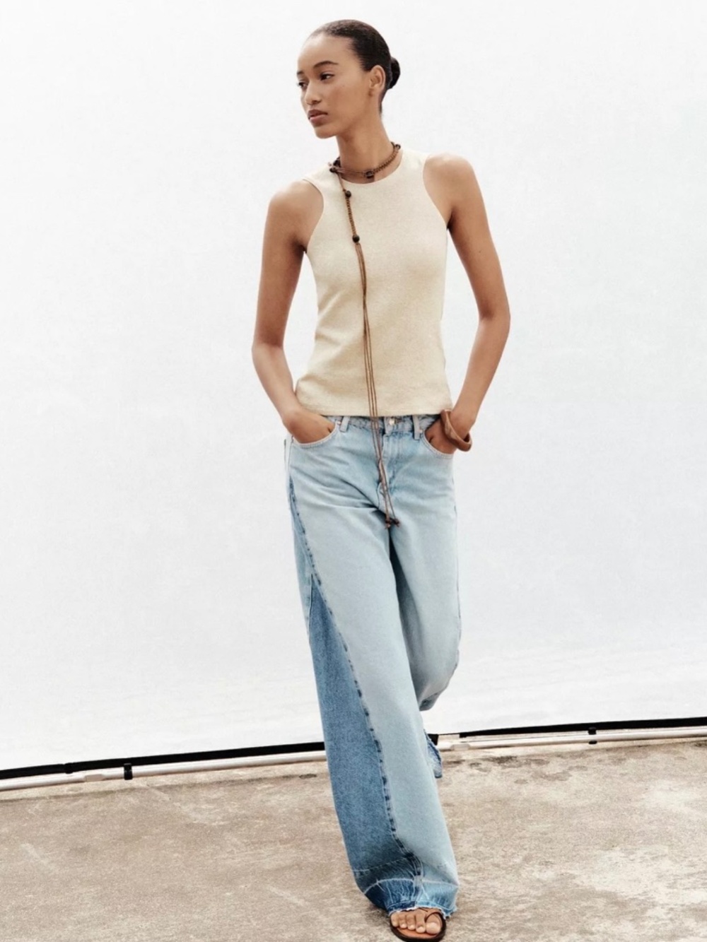 Zara Z1975 High Waist Wide Leg Combined Two tone Jeans Size 2 - Picture 2 of 10